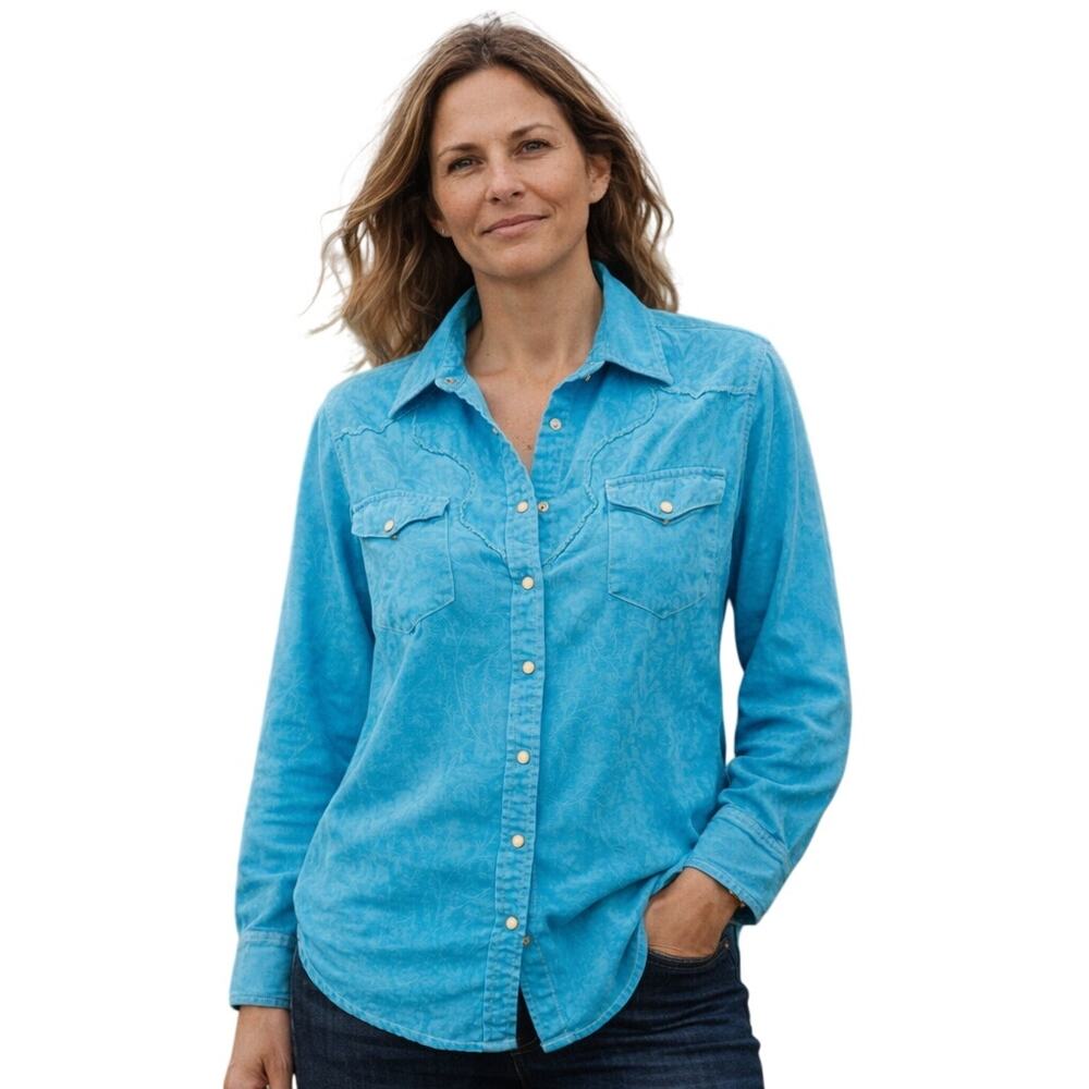 RYAN Michael Western Pearl Snap Shirt in blue Turquoise jacquard sz S